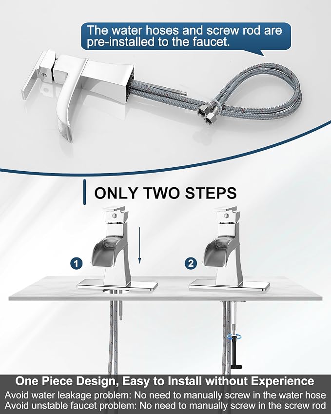 Waterfall Chrome Bathroom Faucet, Brass 4 Inch Bathroom Faucets One Hole or 3 Hole, Single Handle with PP Drain, Deck Plate, Hot and Cold Supply Hoses for RV Lavatory Restroom, 5 Mins Install