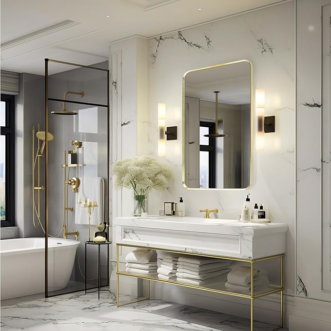 Gold Bathroom Mirror 24x30in, Metal Framed Rounded Rectangle Wall | Tempered Glass, Anti-Rust Frame, Hangs Horizontal or Vertical, HD Reflection Clarity
