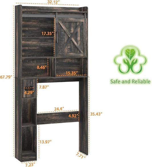Over The Toilet Storage Cabinet, Farmhouse Storage Cabinet Over Toilet with Sliding Doors & Toilet Paper Holder Stand,Home Space-Saving Toilet Rack, for Bathroom, Laundry(Dark Grey)