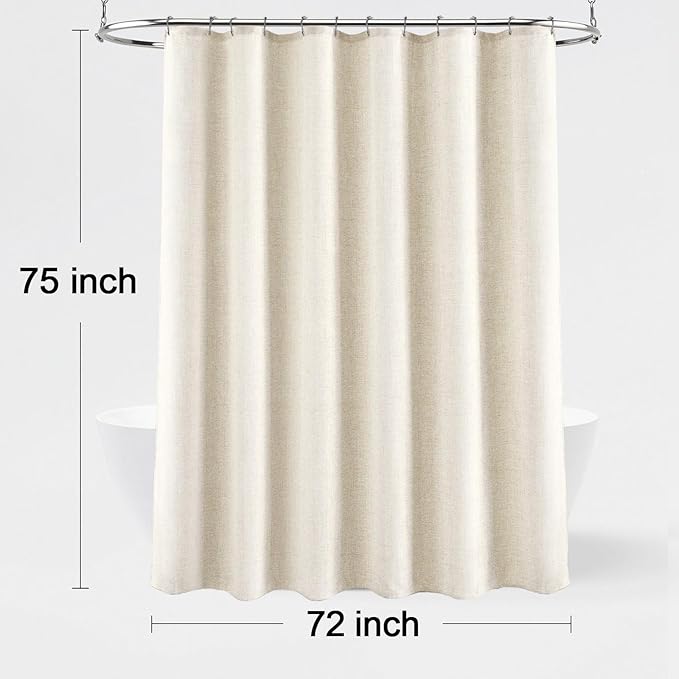 Linen Shower Curtain Flax Cream, Fabric Boho Farmhouse Shower Curtains for Bathroom Cream Cotton Natural Cloth Liner Set 72" W x 75" L