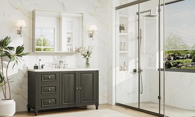40 x 32 Bathroom Mirror Cabinet, Assembly Required, Nickel Recessed Medicine Cabinet with Mirror, Steplessly Adjustable Shelves, Beveled Aluminum Frame, Tempered Glass