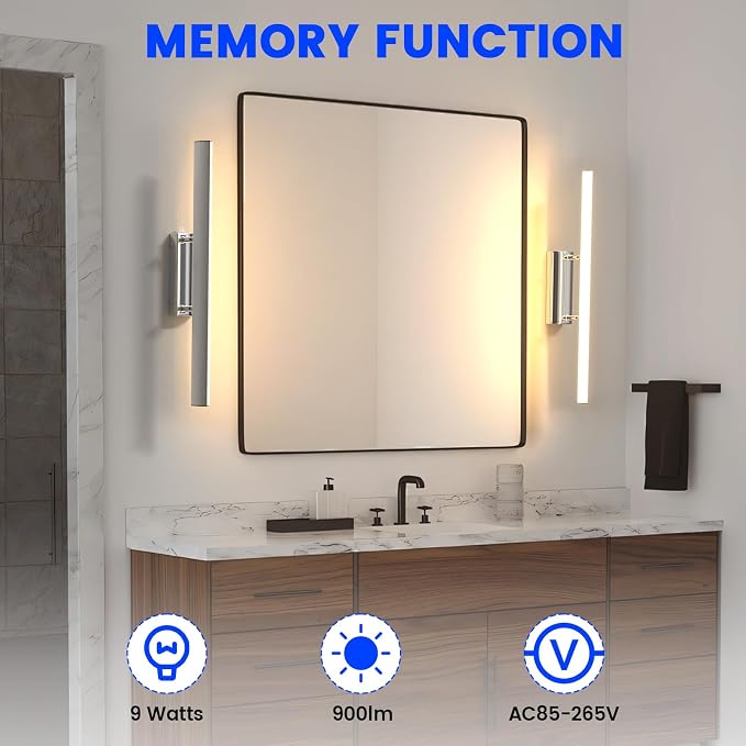 Bonlux 9W Bathroom LED Vanity Light 22 inch, 3 Color Adjustable 3000K/ 4000K/ 6000K, Dimmable Wall Mounted Plug in Light Fixture with Remote Control Memory Function for Cabinet Mirror Lighting