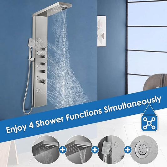 ROVOGO Shower Panel Tower with Rainfall Waterfall Shower Head, 5 Body Jets and 3-Function Handheld, High Pressure Rain Massage System, Wall-Mount Shower Column, 304 Stainless Steel Brushed