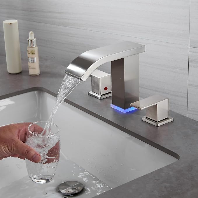 Bathroom faucets 3 Hole Brushed Nickel Vanity Faucet with led Waterfall Bathroom Faucet 3 Hole Sink Faucet Bathroom 8 inch Widespread Modern Parts Touch on 2 Handle(Brushed Nickel)
