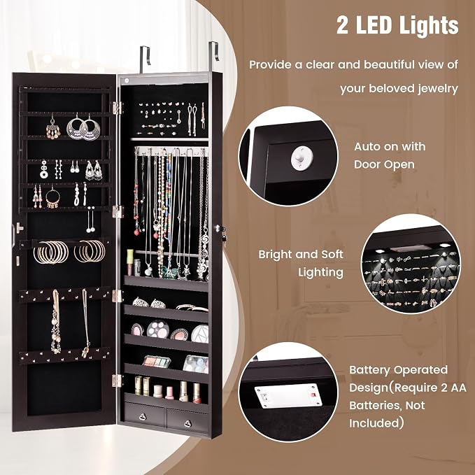 LOKO Mirrored Jewelry Armoire, Wall/Door Mounted Jewelry Cabinet with Full-Length Mirror, Lockable Jewelry Storage Organizer with 2 Drawers & 2 LED Lights, for Girls Women Gift Bedroom (Espresso)