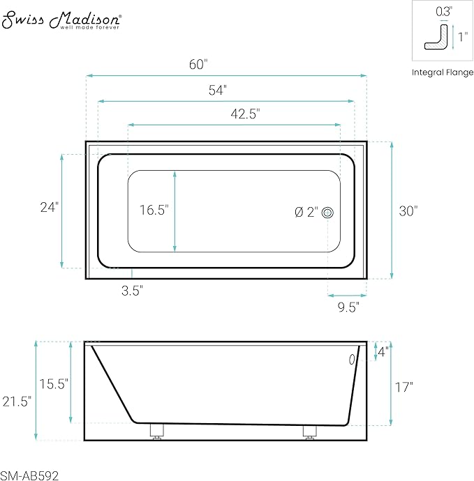Voltaire 60" x 30" Right-Hand Drain Alcove Bathtub with Apron