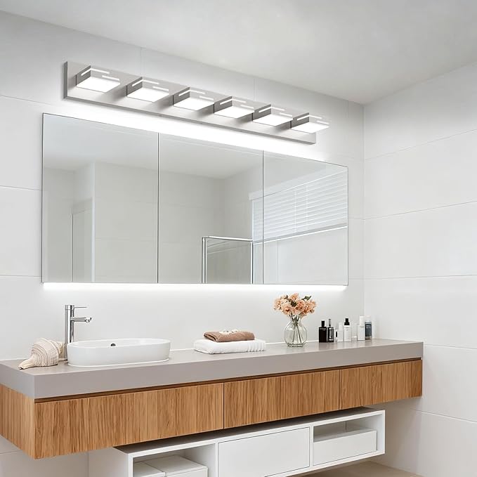 LED Modern Bathroom Vanity Light Fixtures, Dimmable Brushed Nickel Vanity Lights for Bathroom Lighting Fixtures Over Mirror, with 360° Rotatable Acrylic Heads 6-Light 42-inch (Cool White 6000K)