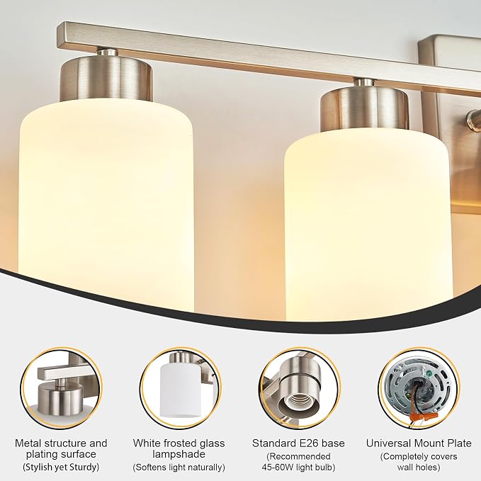 FonmYim Brushed Nickel Bathroom Light Fixtures Vanity Lights Over Mirror | Modern 5-Light lighting fixtures for bathroom with Milky White Frosted Glass Shades, E26 Socket (Bulbs Not Included)