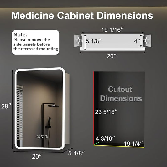 20 x 28 Inch Medicine Cabinet with Mirror and LED Light for Bathroom | Recessed, Wall-Mounted, Dimmable, Anti-Fog, Memory Function, 3 Color Mode, Outlet&USB, Adjustable Shelf, ETL Listed, Aluminum