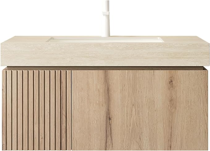 KEIKI 36 Inch Floating Bathroom Vanity with Sink, Modern Wall Mounted Storage Cabinet with Drawer, Pre-assembled Waterproof Wood Panels, Sintered Stone Top & Ceramic Basin Combo Set, White Oak & Beige