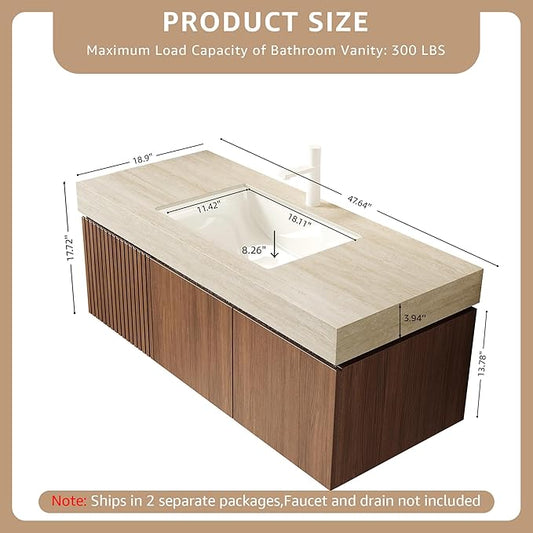 48” Floating Bathroom Vanity with Sink, Wall-Mounted Cabinet with Drawer & Doors, Roma Travertine-Pattern Countertop, Undermount Basin, Single Faucet Hole, Soft-Close, Pre-Assembled, Brown Oak
