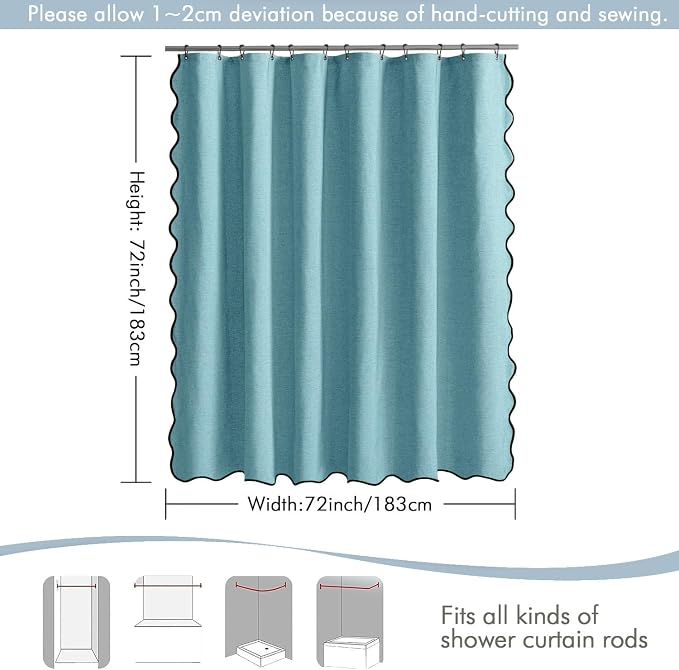 MIULEE Teal Scalloped Linen Shower Curtain 72x72 Inches | Linen Textured, Waterproof, Washable, 12 Metal Hooks, Heavy Duty Cloth, Black Border, Shower Curtain for Bathroom Bathtub
