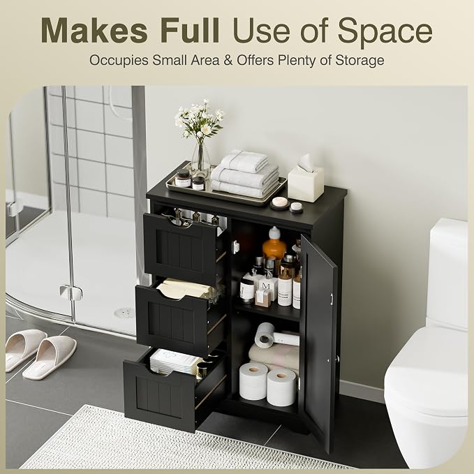 SUPER DEAL Bathroom Storage Cabinet with 3 Drawers and 1 Door, Entryway Home Decor Furniture Towels Storage Organizer Unit, Black
