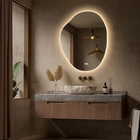 Keonjinn Asymmetrical Backlit Mirror 30x36 Inch, Irregular LED Bathroom Mirror, Lighted Bathroom Mirror with 3 Colors, Stepless Dimmable, Anti-Fog, Frameless Lighted Vanity Mirror(Horizontal/Vertical)