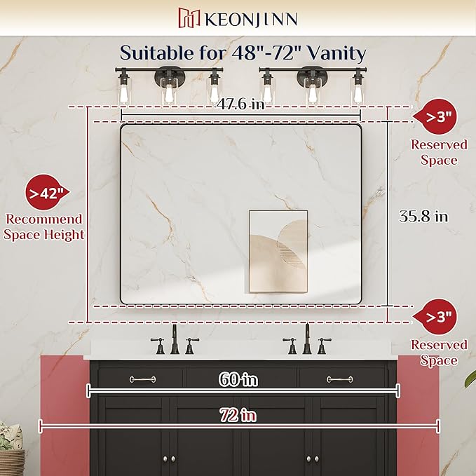 Keonjinn 48 x 36 Inch Brushed Gold Bathroom Vanity Mirror, Tempered Glass | Brass Bathroom Mirrors for over Sink, Anti-Rust Aluminum Frame, Rounded Rectangle, French Cleat Mount, Clear Reflection