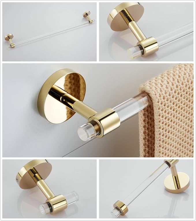 SHUNLI Bathroom Accessories Hardware Set 4 Pieces Wall Mounted,Towel Rack+Hand Towel Holder+Toilet Paper Holder+Hook,Brass and Acrylic,Gold Towel Bar Set