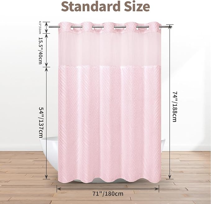 eachope no Hook Shower Curtain and Liner Set,Boho Style with See Through Top Window, Pink Fabric Tufted Striped Textured Outer Curtain & Waterproof Inner Liner, Pink, 71Wx74H