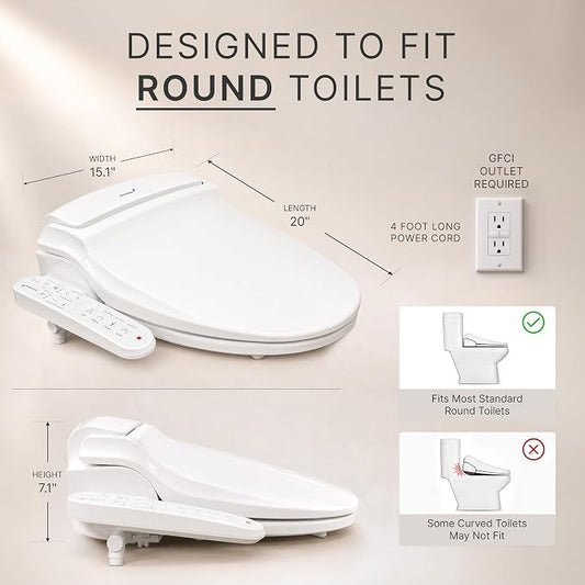 SmartBidet® SB-2000 Smart Bidet Electric Bidet Toilet Seat with Heated Seat, Warm Water, Air Dryer – Side Control Panel, Round