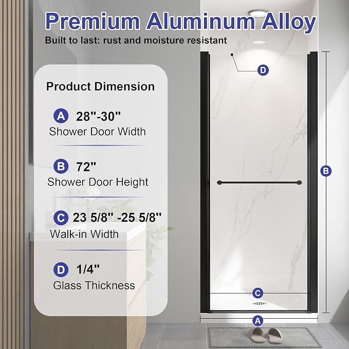 28"-30" W x 72" H Frameless Pivot Shower Door Matte Black | 1/4"(6mm) SGCC Tempered Glass with Explosion-Proof Film &Nano Coating,Customizable Width