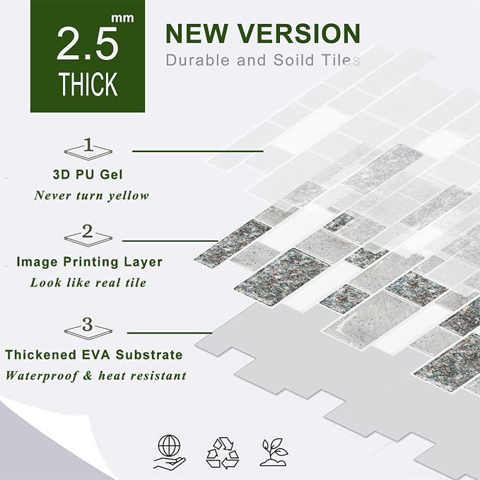 STICKGOO 10-Sheet Peel and Stick Backsplash for Kitchen, Decorative Self Adhesive Backsplash Tiles(Grey Granite, Thicker Design)