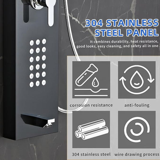 5-in-1 Shower Panel Tower System - Brushed Black | 304 stainless steel Shower Panel Tower Column with Powerful Body Jets, Rainfall, Waterfall,Handheld and Tub Spout