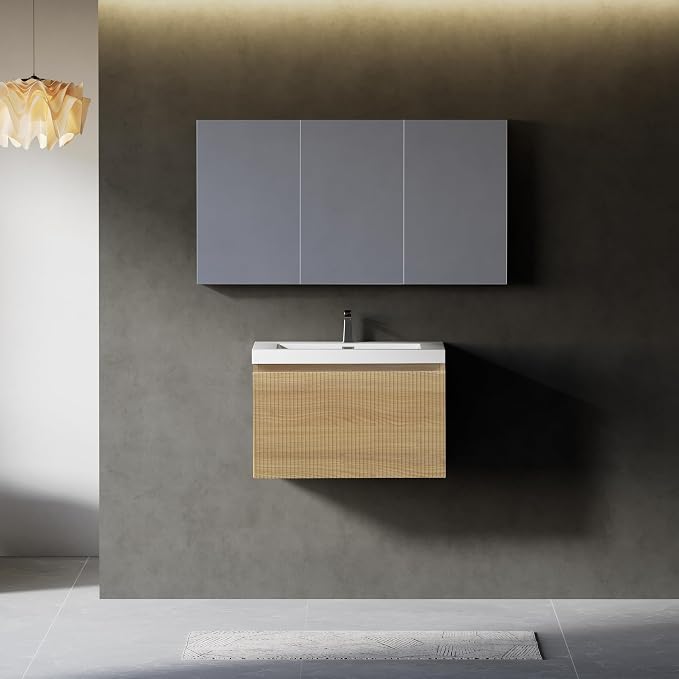 24 Inch Floating Bathroom Vanity with Sink, Natural Oak | Storage Cabinet Wall Mounted Striped Cabinet, Glossy White Solid Surface Basin, Soft Close Drawers, Fully Assembled