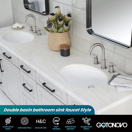 gotonovo 3 Hole 2 Handles Lavatory Basin Bathroom Sink Faucet with Pop Up Drain with Hot and Cold Mixer Valves 8 Inch Widespread Bathroom Faucet Brushed Nickel