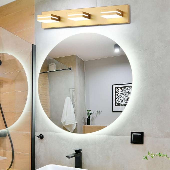 SineRise LED Modern Bathroom Vanity Light Fixtures, Modern Acrylic Bathroom Wall Lighting Fixtures Over Mirror, 3-Light, 24-Inch, Gold, White