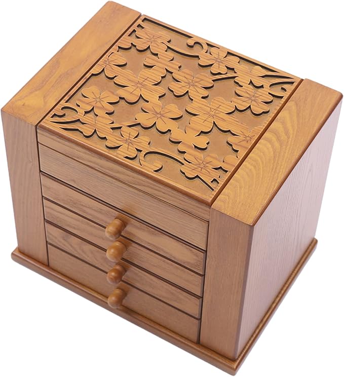 Extra Large Four-Leaf Carved 5 Layers Wooden Jewelry Box Jewelry Case Cabinet Armoire Ring Necklacel Gift Storage Box Organizer(5 Layers,Brown,Style 1)