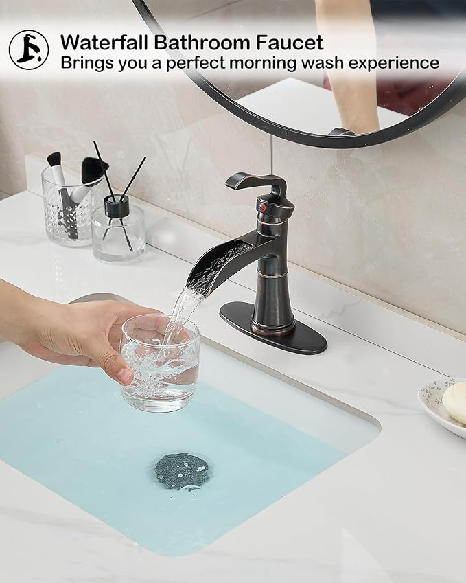 4 Inch Oil Rubbed Bronze Bathroom Faucet 1 Hole, Antique Brass Waterfall Faucet for Bathroom Sink, Single Handle Farmhouse Bathroom Faucets 3 Hole with Deck Plate, Supply Hoses & Pop-up Drain