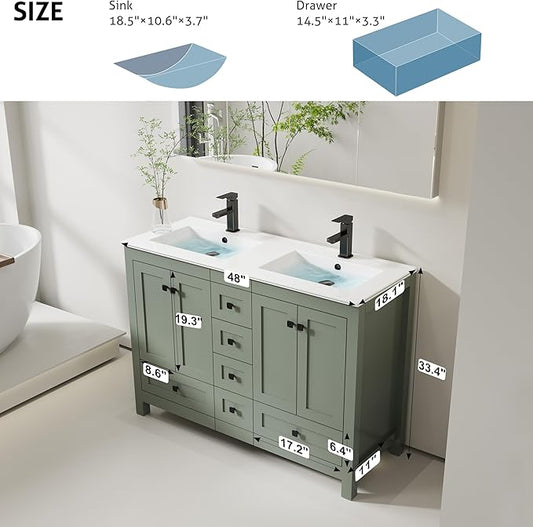 eclife 48" Bathroom Vanities with Sink Combo, Modern Thickened Wood Bathroom Storage Cabinet w/Undermount Double Sink, Matte Black Faucet Drain, Painted Surface, Green