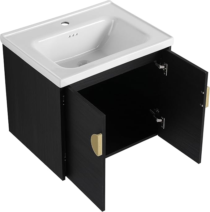 24" Floating Bathroom Vanity with Sink Combo,24 Inch Bathroom Vanity,Single Sink Wall Mounted Vanity Combo,Modern Wall Mounted Cabinet Set with Ceramic Sink,Black