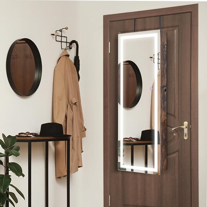 GOFLAME LED Mirror Jewelry Cabinet 47”, Wall/Door Mounted Full Length Mirror with Storage, 3-Color Lights, Interior Makeup Mirror, Jewelry Storage Organizer, Lockable Jewelry Armoire, Rustic Brown