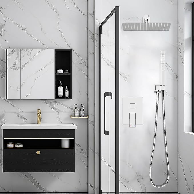 RUMOSE Shower Faucet Set Bathroom Rain Shower Head with Handheld, Chrome | 12 Inch Rainfall Shower System with Rough-in Valve, High Pressure, 2 in 1 Handheld, Brass, Wall Mount