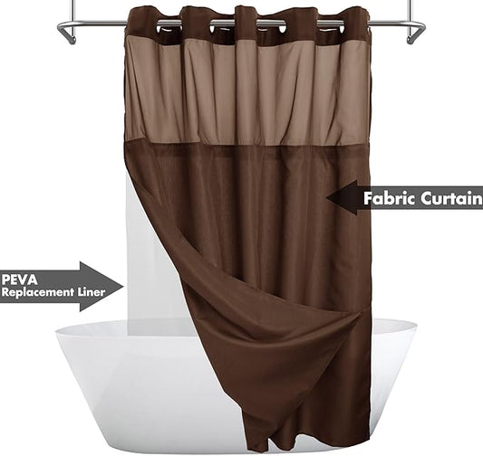 River Dream No Hook Shower Curtain with Snap-in Liner Set, Brown, 71x74 | Snap on/off Waterproof PEVA Liner, See Through Top Window, Slub Textured, Hotel Style Shower Curtain Set, Standard Size