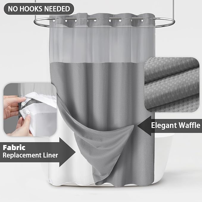No Hook Shower Curtain with Liner Set Hotel Waffle Curtain Grey 78W X 75L | Washable Snap in Fabric Liner, Mesh Top Window, Waffle Hotel Style Shower Curtain Set