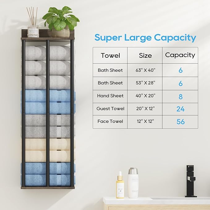 Towel Racks for Bathroom Wall Mounted with Wooden Storage Shelf | 3 Bar Metal Towel Holder for Rolled Towels, Sturdy and Large Capacity, Towel Storage Organizer