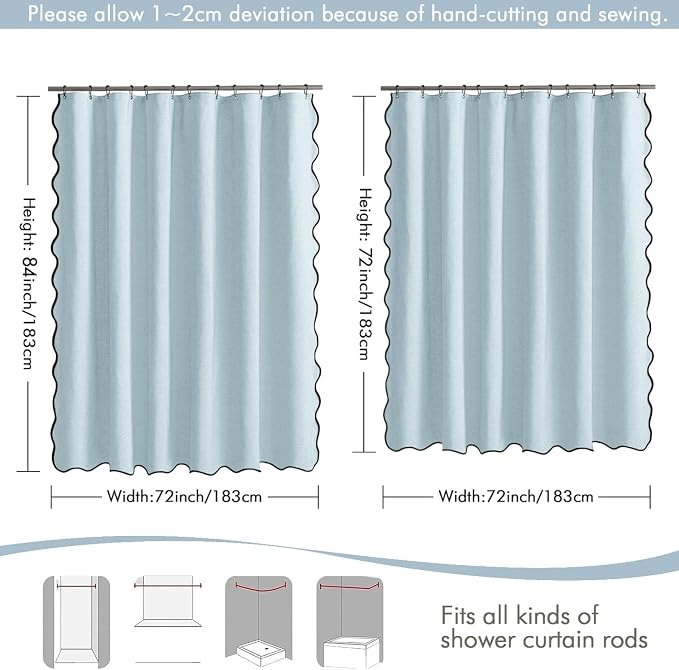 MIULEE 72"x84" Extra Long Scalloped Linen Shower Curtain Fog Blue | Linen Textured, Waterproof, Washable, 12 Metal Hooks, Heavy Duty Cloth, Black Border, Shower Curtain for Bathroom Bathtub