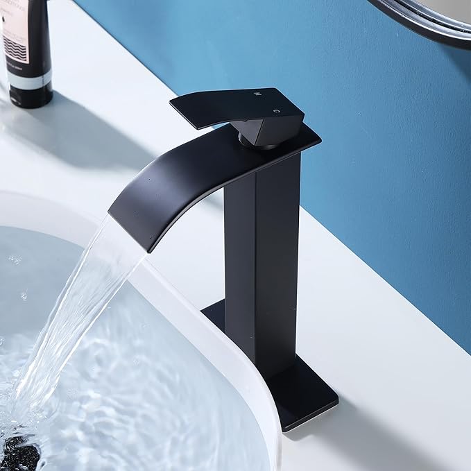 Tall Vessel Sink Faucet Matte Black Faucet for Bathroom Sink Tall Waterfall Bathroom Faucet Single Handle 1 or 3 Hole Wash with Pop-up Drain