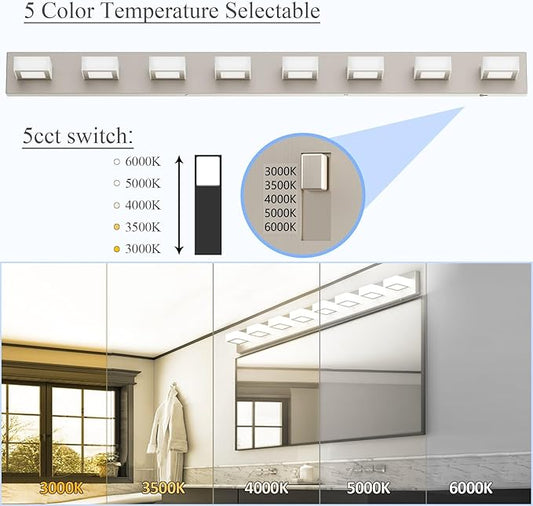 Ralbay 52inch Brushed Nickel Vanity Lights 8 Lights Dimmable 5 Color Temperature Acrylic Modern LED Bathroom Vanity Lighting Fixtures Brushed Nickel