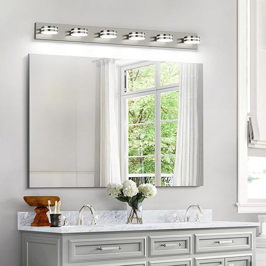 6-Light Nickel Bathroom Vanity Light Over Mirror, LED Vanity Lighting Fixtures, Modern Bathroom Wall Light Fixtures with 360°Rotating Lamp Head (Cool White 5500K)