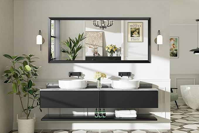 Black Metal Framed Bathroom Wall Mirror, 72x32 Inch | Anti-rust, HD tempered glass, for bathroom vanity, bedroom, living room, horizontal or vertical mount
