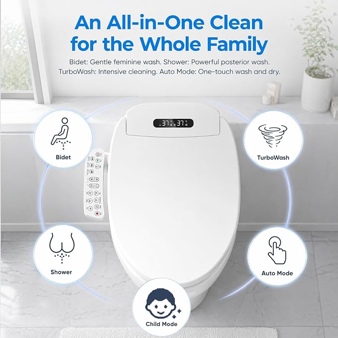 Electric Bidet Toilet Seat with Heated Seat, Warm Air Dryer, Endless Warm Water, Oscillating and Pulsating Spray Wash, Stainless Steel Self-Clean Nozzle, Sense Seat