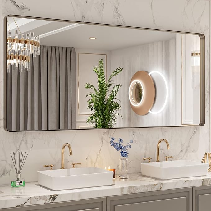 LOAAO 72"X32" Bronze Bathroom Mirror | Rounded Rectangle, Brushed Bronze Metal Frame, Anti-Rust, Tempered Glass, Hangs Horizontally or Vertically