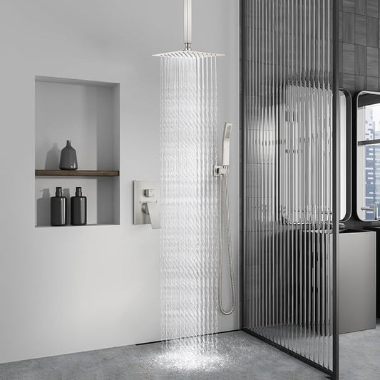 Aolemi Ceiling Shower Faucet with Handheld 8 Inch Head Brushed Nickel | Shower Valve and Trim Kit,SUS304 Rain Head and Handle Set System,All Metal,Bathroom, Handheld Spray