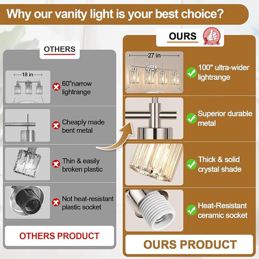 Modern K9 Crystal Bathroom Vanity Light Fixtures, 4-Light Chrome Vanity Lighting Over Mirror, Clear Crystal Shades, Modern Bathroom Light for Bedroom Living Room Hallway Dressing Room