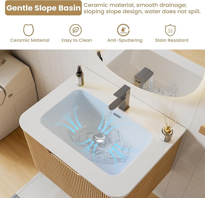 Floating Bathroom Vanity with Sink, Nature Soild Wood Cabinet with Ceramic Basin, Extra Large Storage Drawer & Pre-Assembled Vanities for Bathroom, Powder Room (Nature A Style, 24")