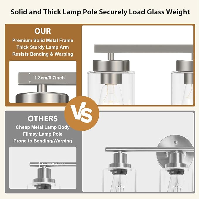 IZORRO Modern Bathroom Light Fixtures, 3 Light Brushed Nickel Vanity Lights, Bathroom Lighting Fixtures Over Mirror with Clear Glass for Living Room Cabinet Bedroom