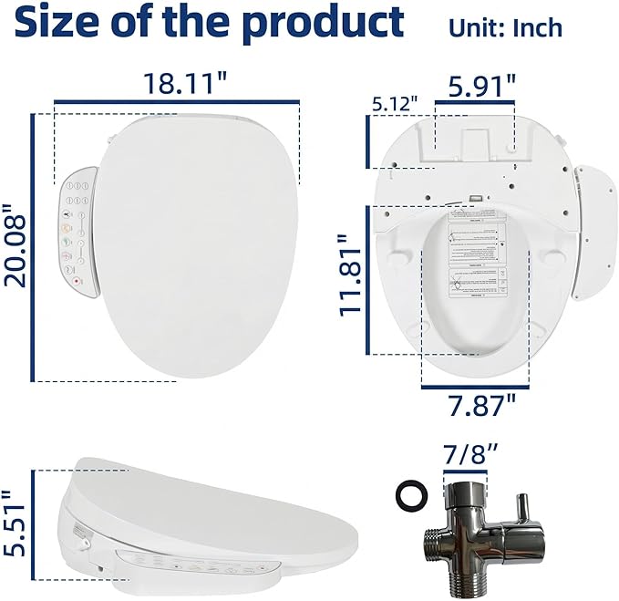 Smart Heated Toilet Seat for Elongated V-Shaped Toilets – Bidet Warm Water Wash, Self-Cleaning Nozzle, Warm Air Dryer, Deodorizer, Soft-Close Lid, LED Night Light & Touch Panel, Easy Install