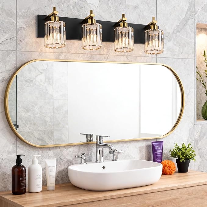 She's home 4 Light Crystal Vanity Lights for Bathroom - Black and Gold Modern Bathroom Vanity Lights Over Mirror 28 Inch, Bathroom Wall Lighting E26 Base